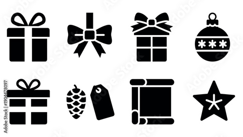 Festive gift and holiday icons in bold silhouette style for seasonal designs
