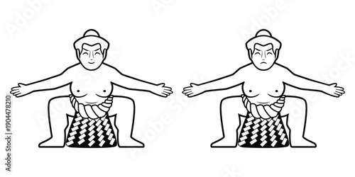 Line art illustration vector Two different face Sumo traditional Japanese wrestling drawing in black and white