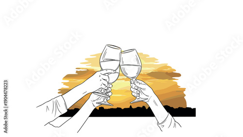 Sunset celebration: hands toasting with wine glasses in outline art