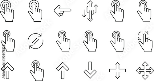 Touch screen gesture line icon set featuring hand clicking, swiping, scrolling, pointing, double tapping, directional arrows, rotation symbols, and mobile interface navigation graphics.