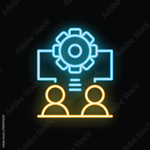 Neon glowing icon of two businessmen discussing a business idea, symbolizing brainstorming and teamwork