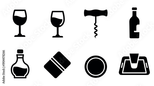 Elegant wine and bar icons set featuring glasses, bottles, and corkscrew in black silhouette
