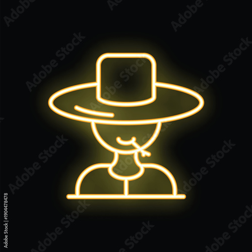 Yellow neon sign of a farmer wearing a hat and chewing on wheat, on a black background