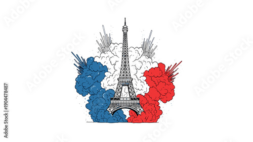 Eiffel tower with vibrant french flag colors in detailed ink art