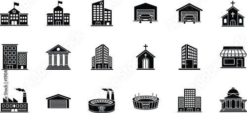 Urban building icons set, city architecture landmarks, school church factory stadium shop symbols, commercial residential infrastructure collection, black silhouette vector illustration design