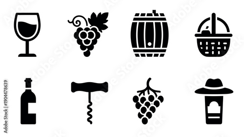 Wine icon set: silhouette style with grapes, bottles, and barrels