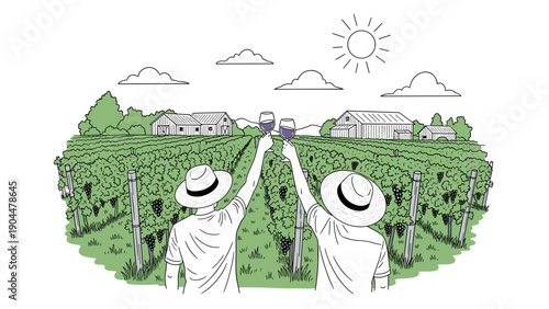 Wine tasting in vineyard: celebrate with wine glasses in scenic countryside landscape illustration