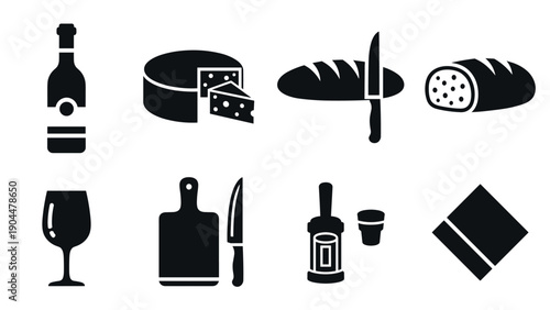 Food and drink icons: wine, cheese, bread and tools silhouettes