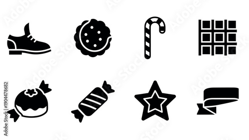Silhouette icons of sweet treats and snacks: candy, cookie, chocolate, and more