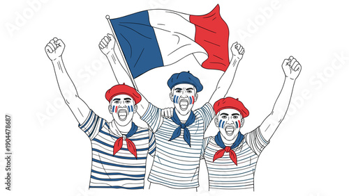 French fans celebrating victory with flag in hand drawn style