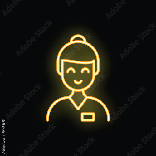 Neon sign depicting a happy female professional, possibly a doctor, nurse, or scientist, with a name tag on her uniform