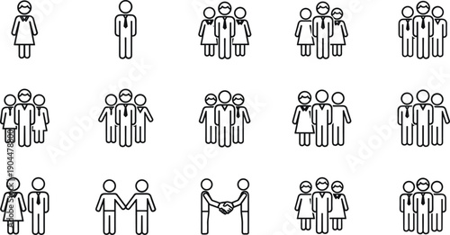 Vector icon set of business teams and social groups, featuring professional staff silhouettes, corporate leadership, teamwork, partnership, handshakes, and diverse community member outline symbols.