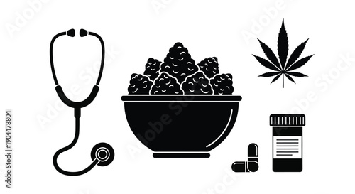 Medical cannabis and health symbols stethoscope pills and marijuana plant