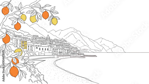 Coastal town with lemon and orange trees in linear style