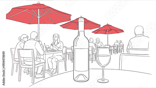 Cafe dining scene with people and red umbrellas in linear style