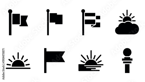 Minimalist icons of flags and sunrise elements in silhouette style