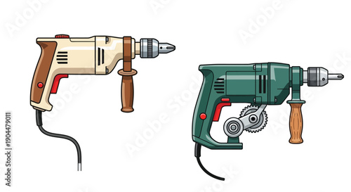 Two electric drills are depicted one beige and one green side by side