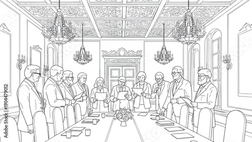 Formal business meeting in elegant conference room with classic decor