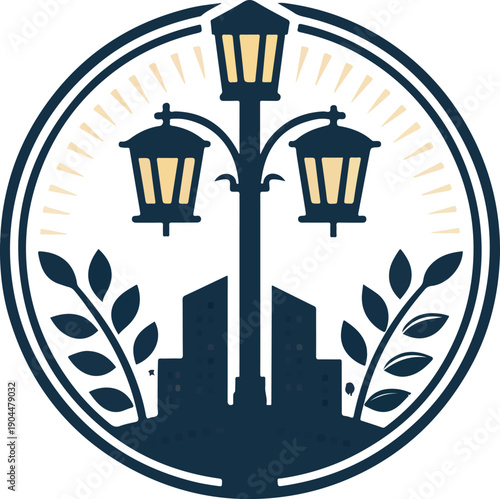 Classic street lamp urban night cityscape vector illustration with leaves, stars and modern buildings in decorative emblem design