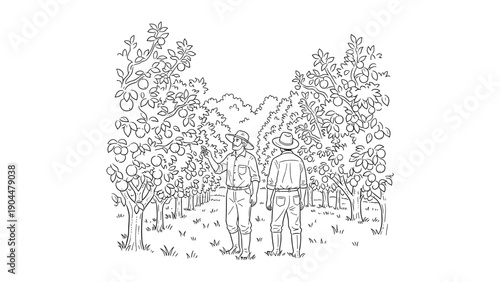 Farmers in orchard: detailed black and white linear drawing of fruit trees