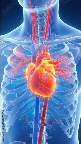 3d rendering of human heart, circulatory system, and skeletal rib cage in a translucent body, suitable for medical illustration, anatomy education, health concept, and scientific research.