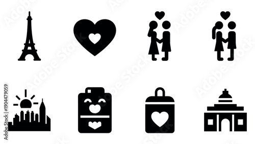 Romantic silhouettes: love icons featuring couples, hearts, and parisian landmarks