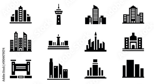Minimalist city skyline icons set featuring various urban buildings