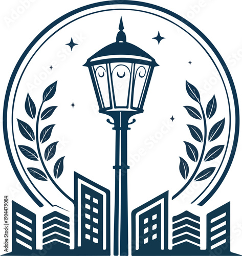 Classic street lamp urban night cityscape vector illustration with leaves, stars and modern buildings in decorative emblem design