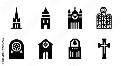 Collection of church silhouettes: steeples, windows, stained glass, and crosses