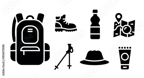 Essential hiking gear: backpack, boots, and accessories silhouette icons