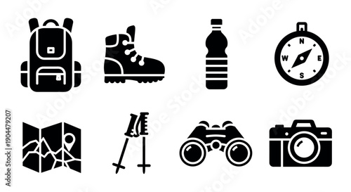 Essential camping gear icons: backpack, boots, and more in bold silhouette style