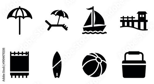 Beach essentials icons: umbrella, lounger, sailboat, pier, towel, surfboard, ball, cooler