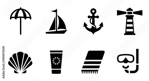 Nautical and beach icons collection: summer essentials in black silhouette style