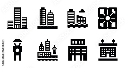 Icon set of city buildings and infrastructure in solid black design style