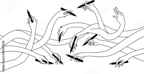 Black and white surreal illustration of elongated arms holding pens, abstract creative collaboration concept, artistic teamwork drawing, collective effort design