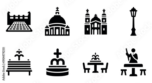 City landmark icons set: churches, fountains, and benches in bold silhouette style