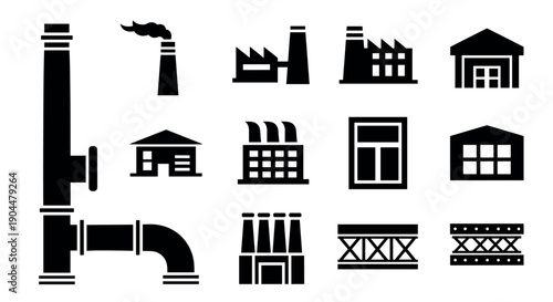 Silhouette icons of industrial buildings and structures