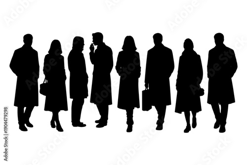 Silhouetted group of male and female adults in conversation.
