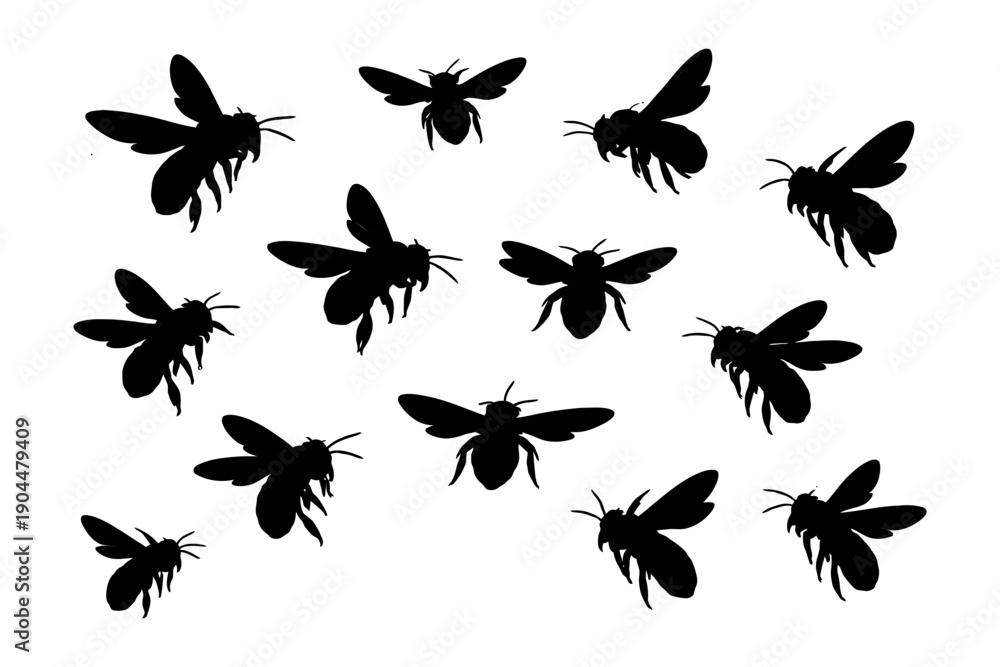 Obraz premium Silhouette illustration of multiple flying bees in various poses on white background.