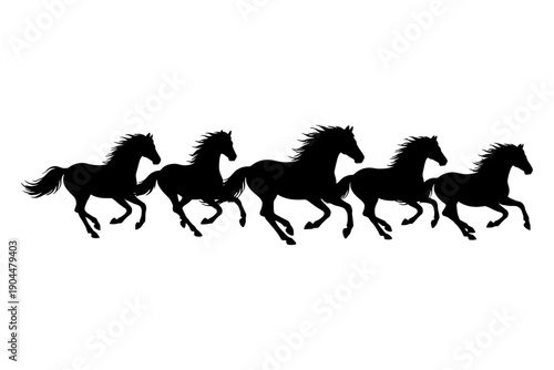 Silhouette of five galloping horses against a white background.