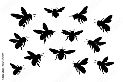 Silhouette illustration of multiple flying bees in various poses on white background.