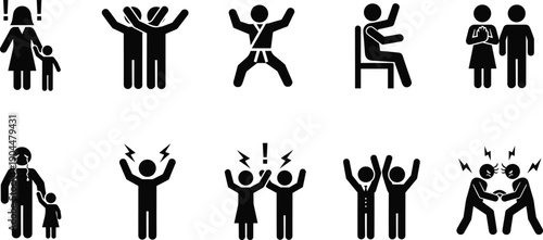 Vector icon set of sports and physical activities featuring cycling, weightlifting, swimming, running, gymnastics, archery, football, volleyball, rowing, and athletic training outline symbols.