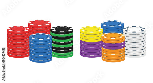 Stacked casino chips in vibrant colors arranged against a white background