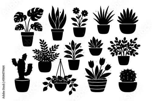 Assorted black silhouette houseplants in pots collection.