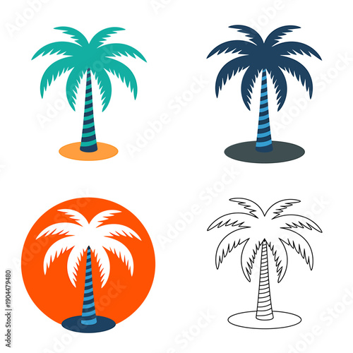 Four different palm trees with various colored leaves and trunks in different backgrounds