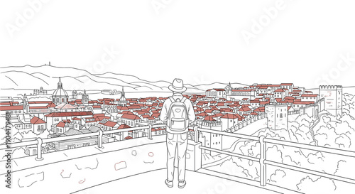 Traveler observing historic cityscape in outline style