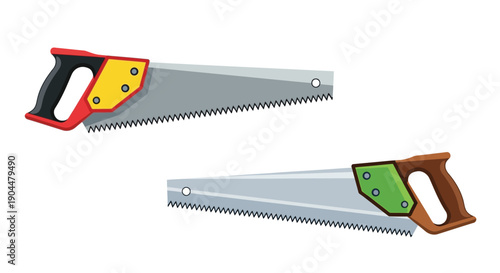 Two hand saws with colorful handles are displayed on a white background