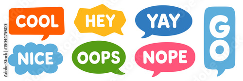 Colorful speech bubbles with various positive and negative phrases on white background