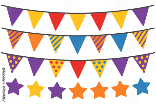 Colorful triangular pennant banners and stars for party decoration  festive design elements