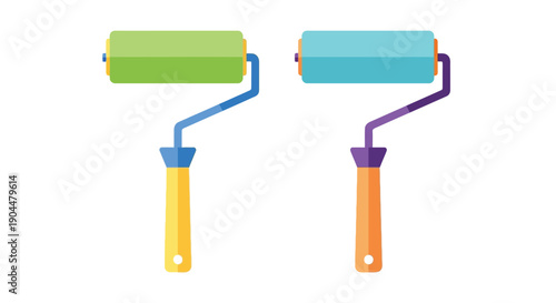 Two paint rollers with colorful handles and textured surfaces